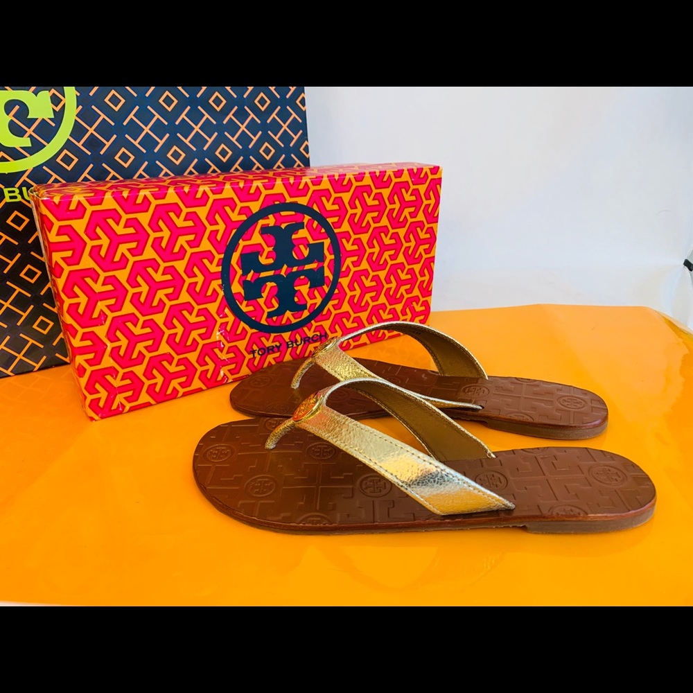 NIB TORY BURCH THORA LEATHER SANDALS SPARK GOLD - Picture 5 of 7